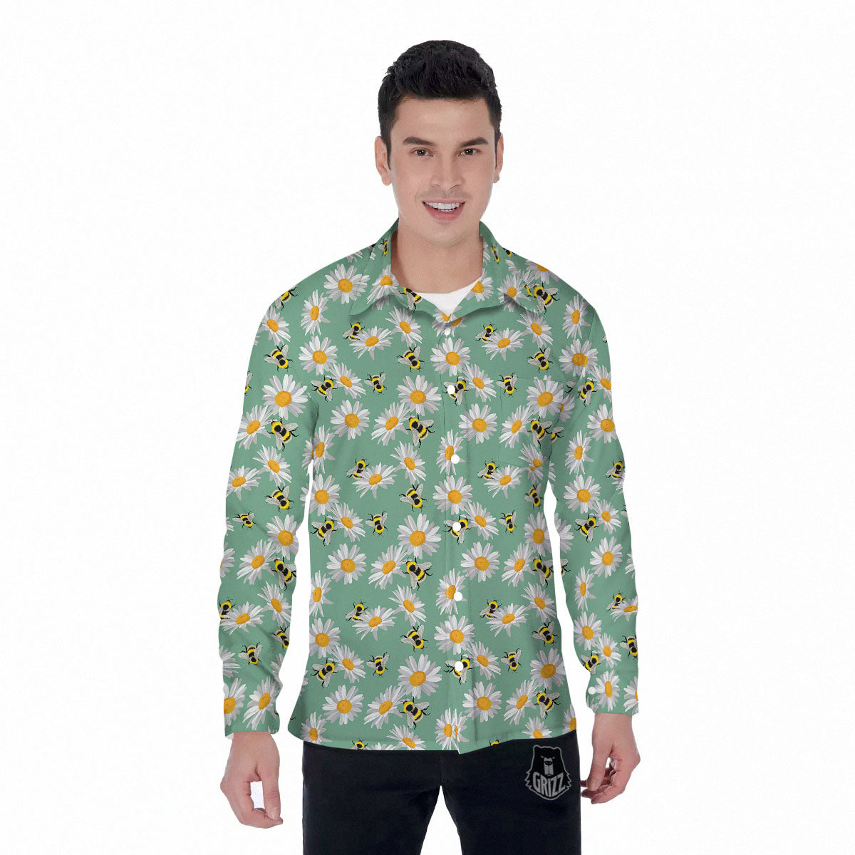 Bee Flower Print Pattern Men's Long Sleeve Shirts-grizzshop
