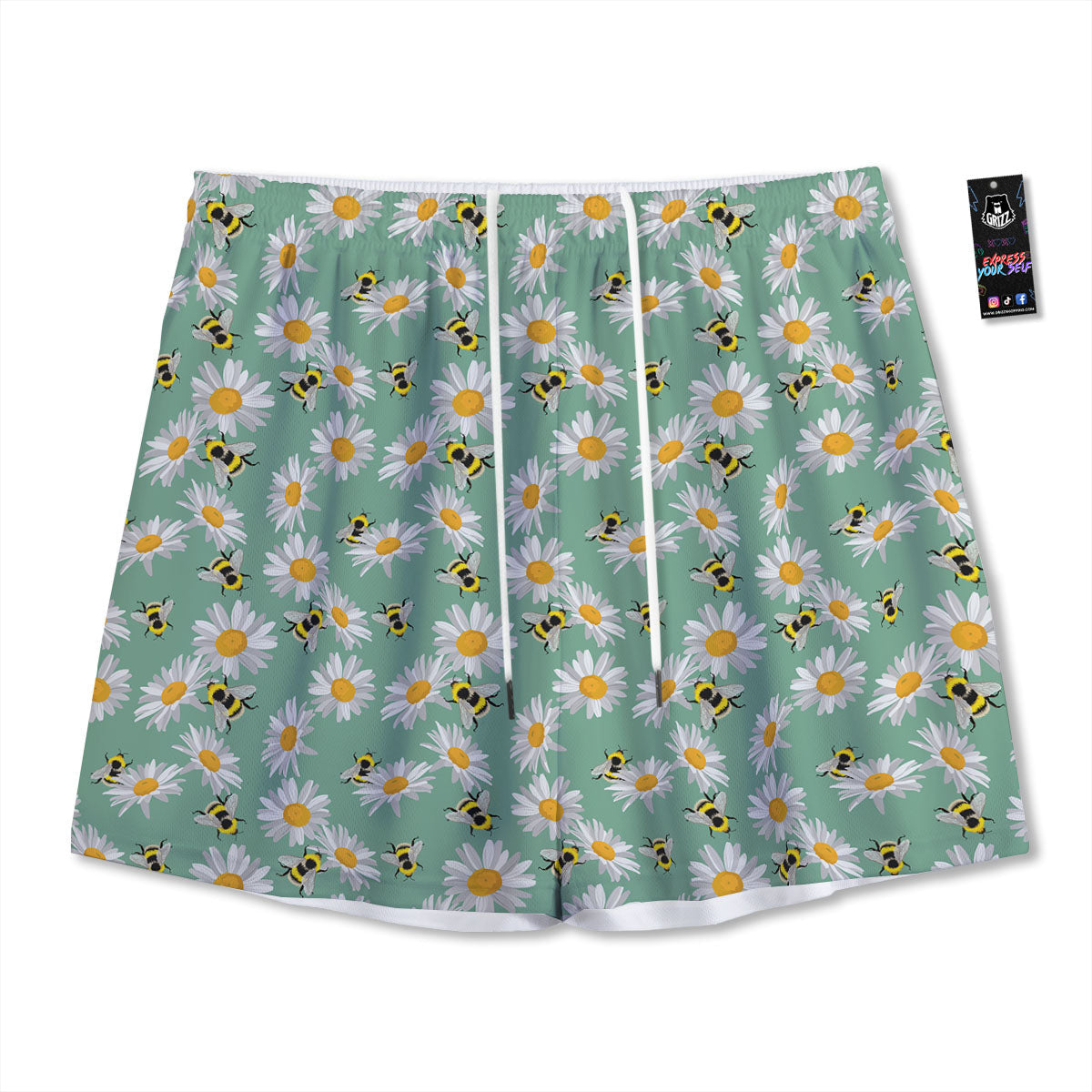 Bee Flower Print Pattern Mesh Shorts-grizzshop