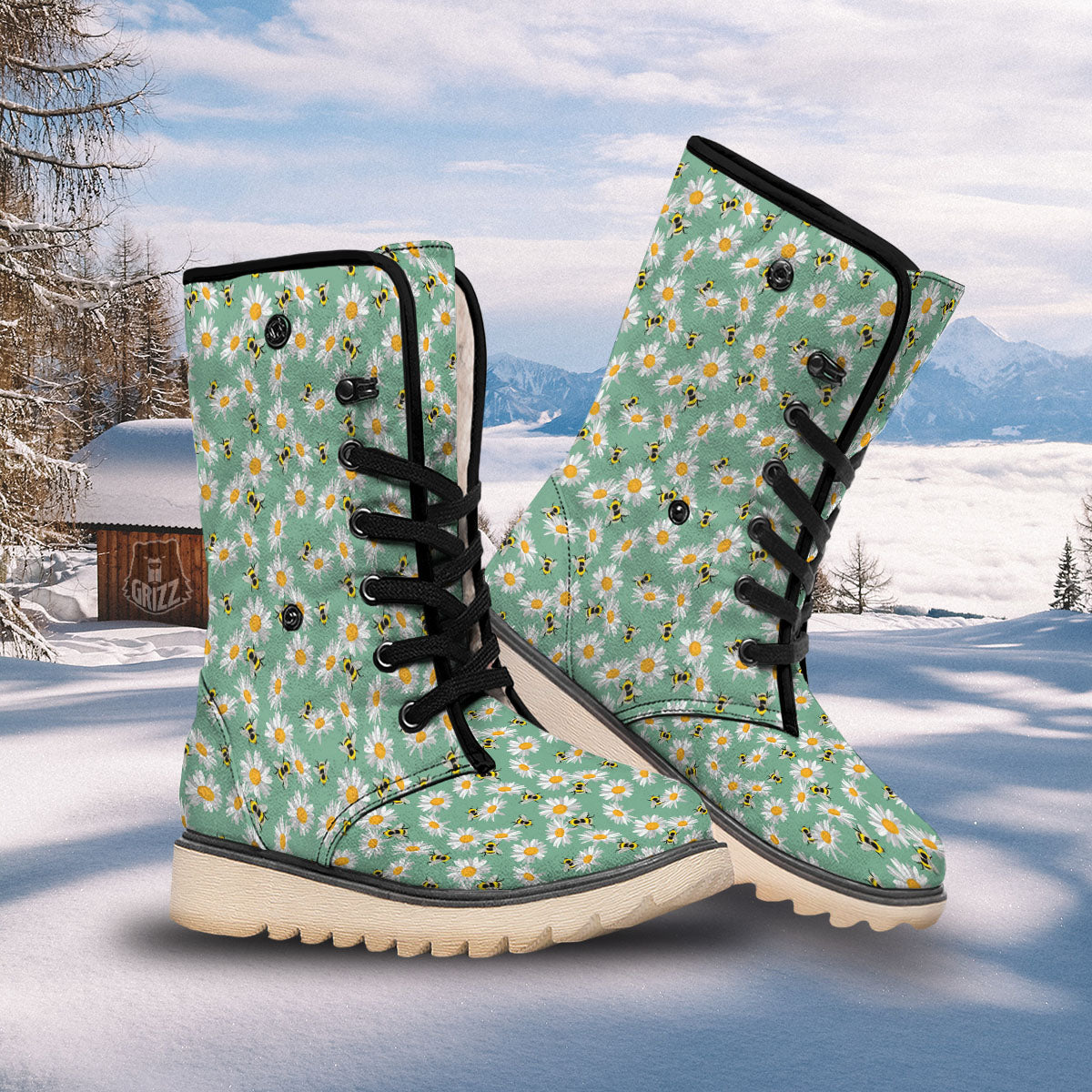Bee Flower Print Pattern Snow Boots-grizzshop
