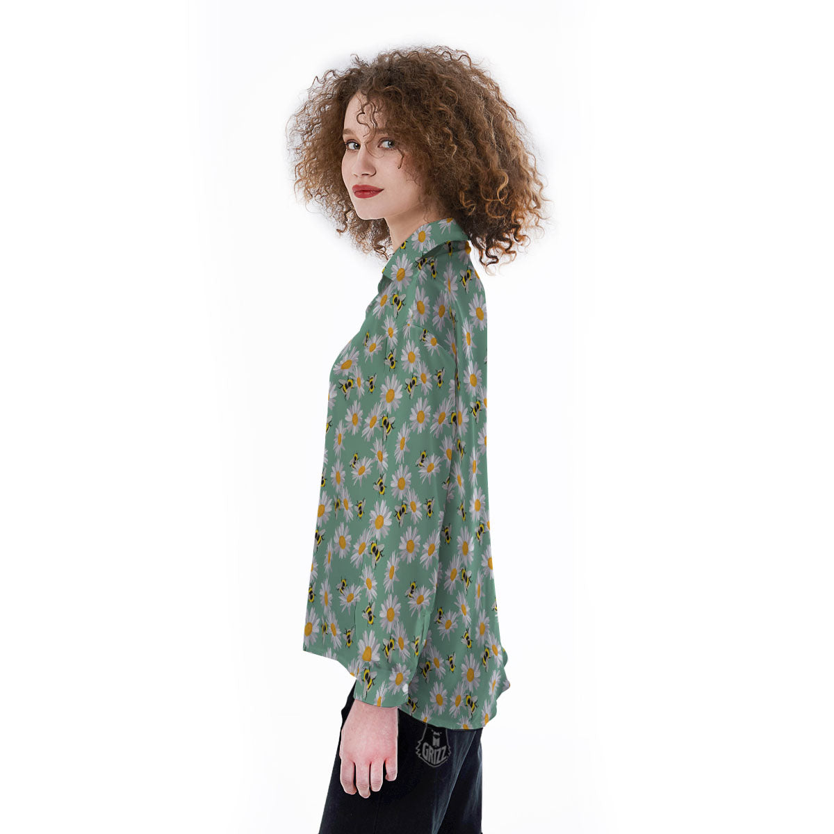 Bee Flower Print Pattern Women's Long Sleeve Shirts-grizzshop
