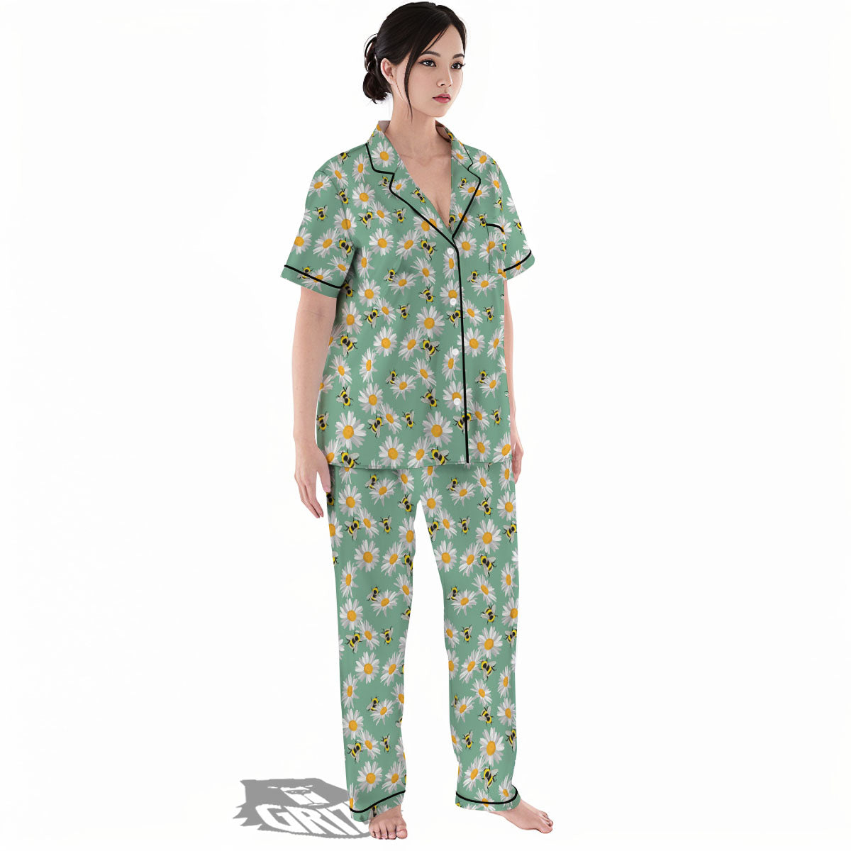 Bee Flower Print Pattern Women's Pajamas Set-grizzshop