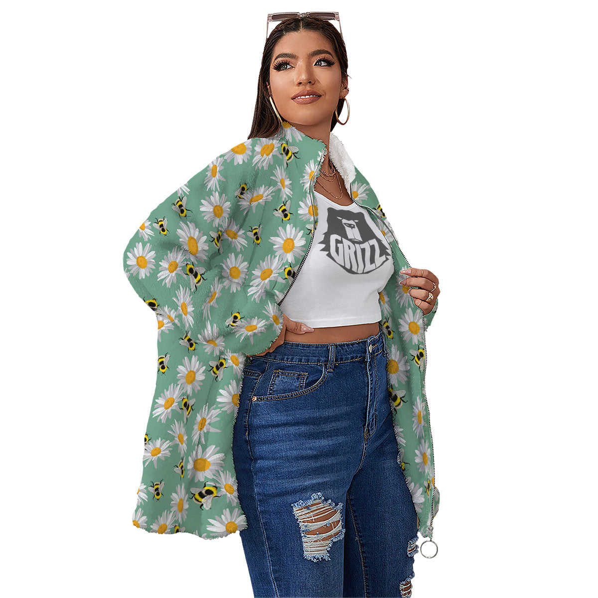 Bee Flower Print Pattern Women's Sherpa Jacket-grizzshop