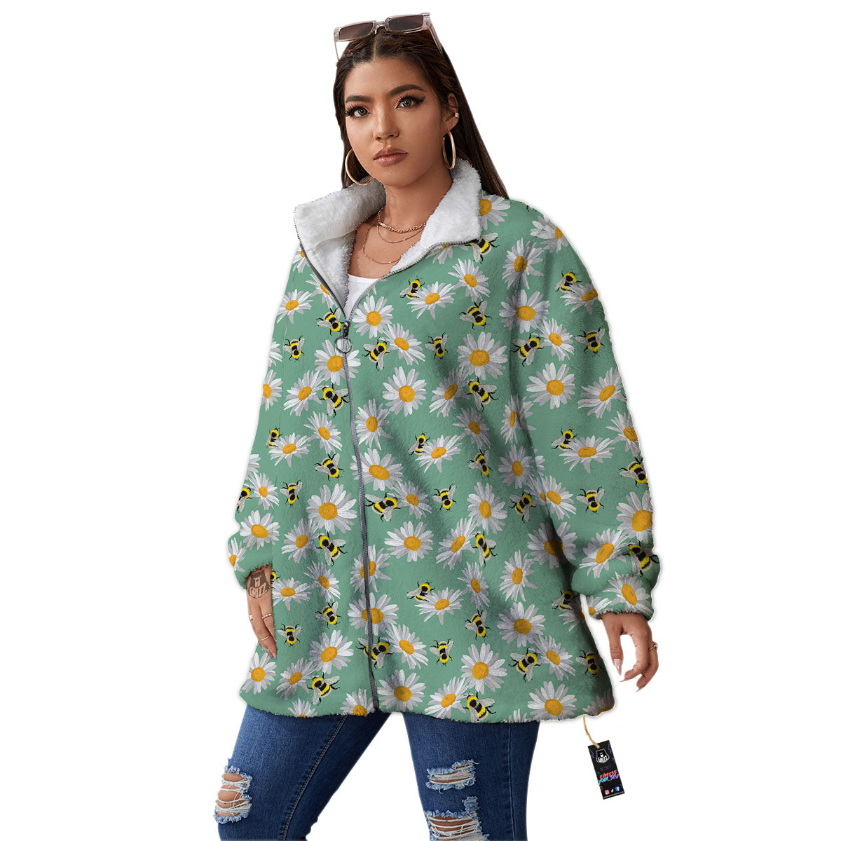 Bee Flower Print Pattern Women's Sherpa Jacket-grizzshop