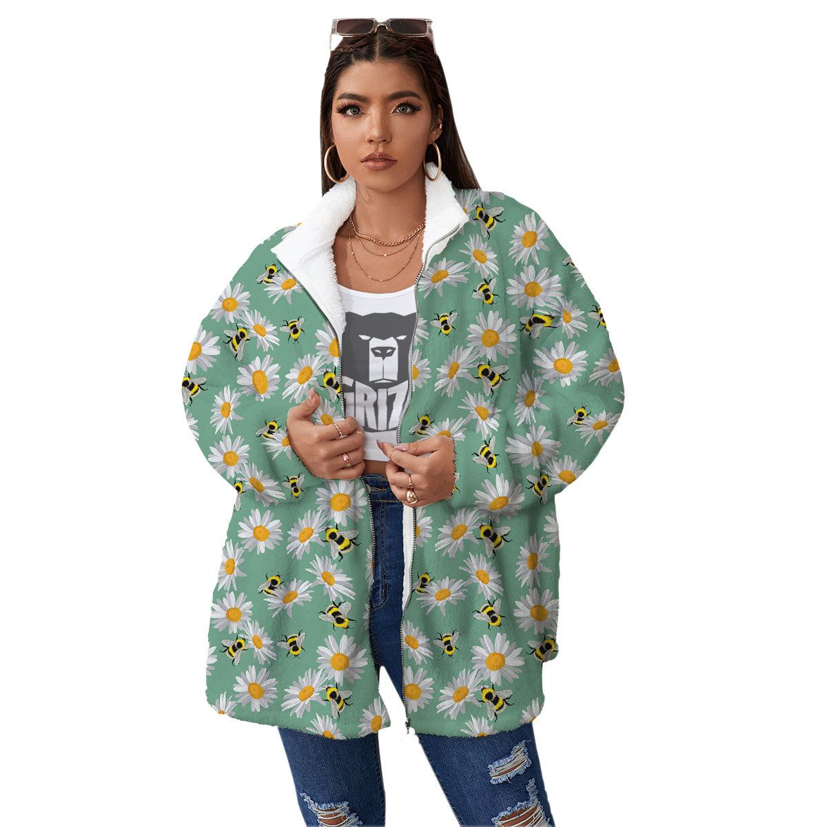 Bee Flower Print Pattern Women's Sherpa Jacket-grizzshop
