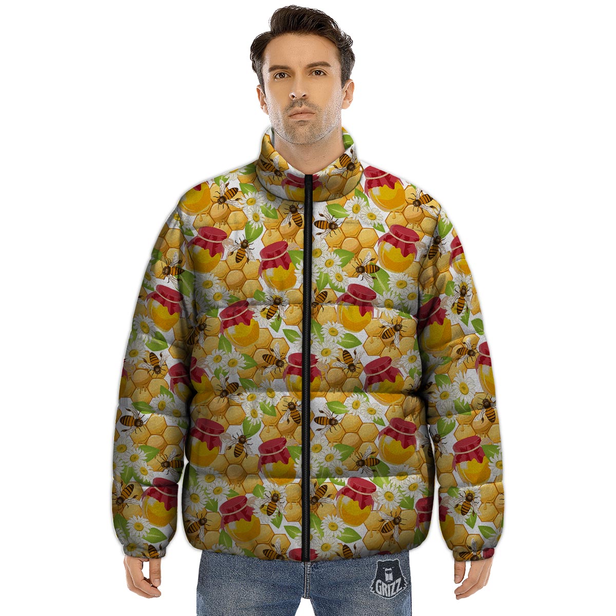 Bee Hive Sweet Honey Print Pattern Puffer Jacket-grizzshop