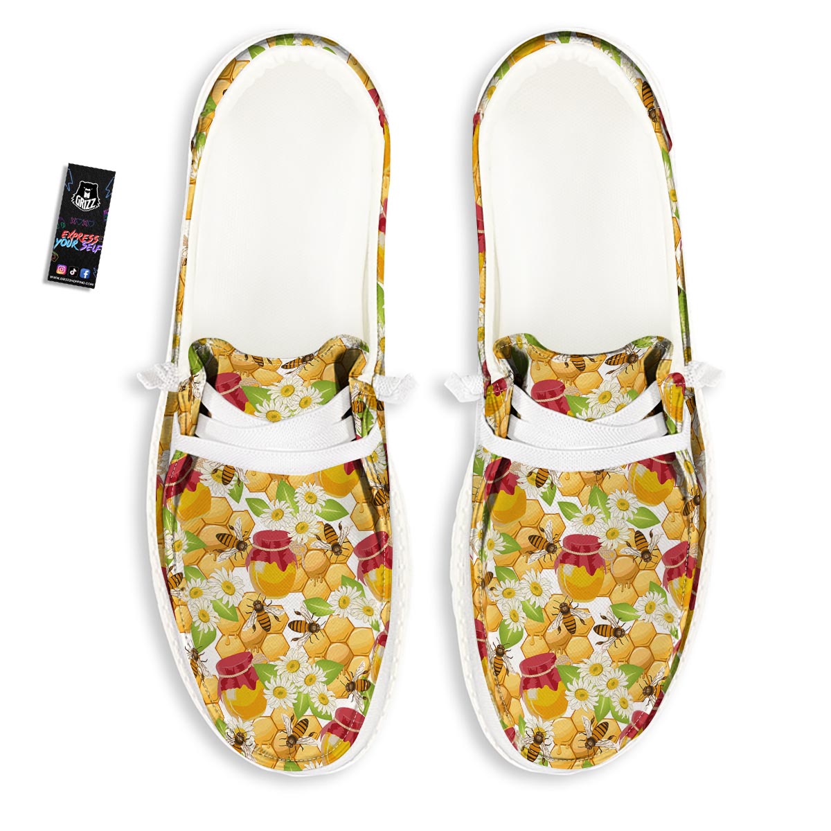 Bee Hive Sweet Honey Print Pattern White Loafers-grizzshop