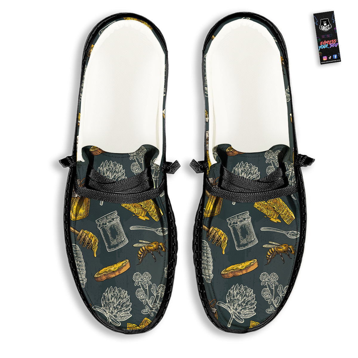 Bee Honey Vintage Print Pattern Black Loafers-grizzshop
