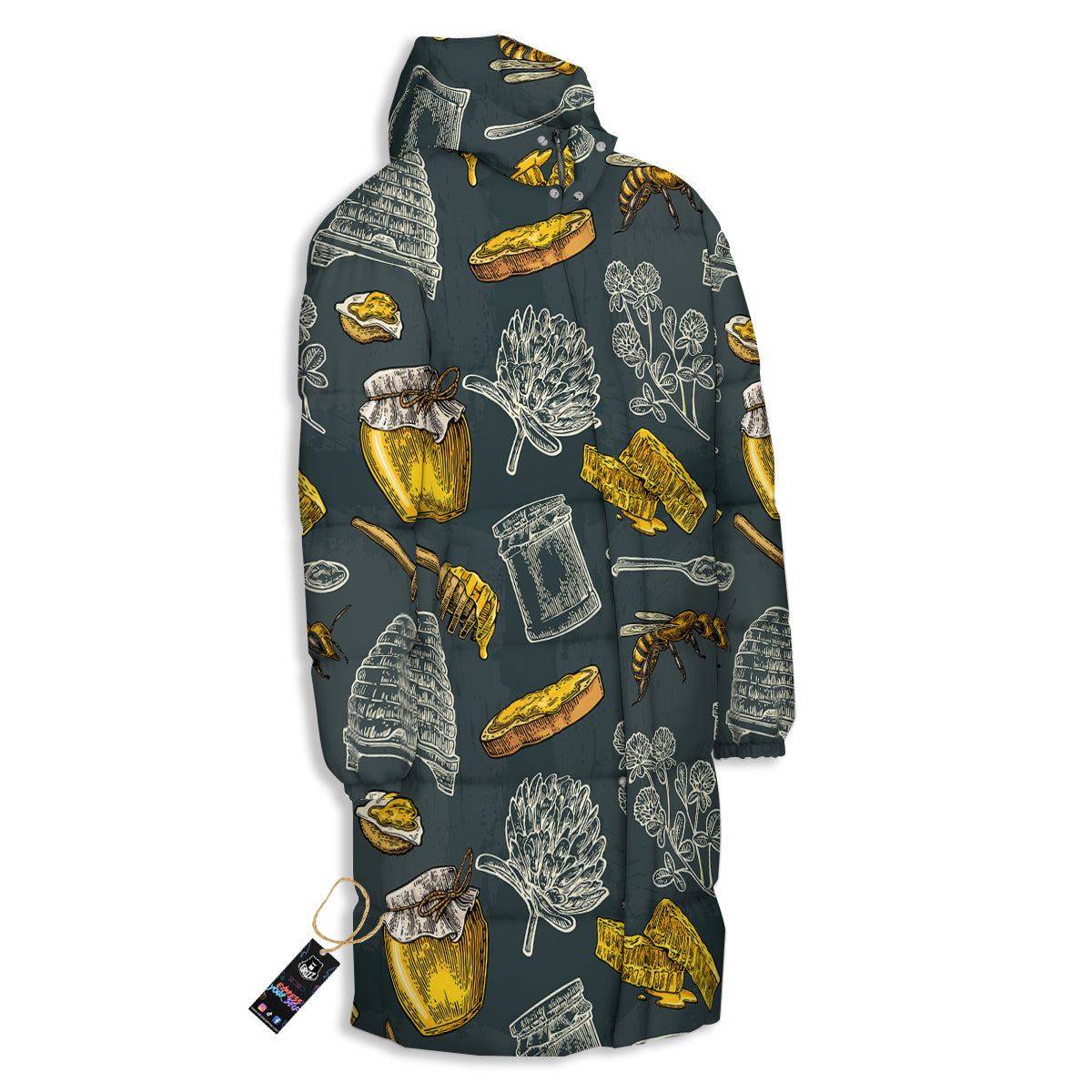 Bee Honey Vintage Print Pattern Long Down Jacket-grizzshop