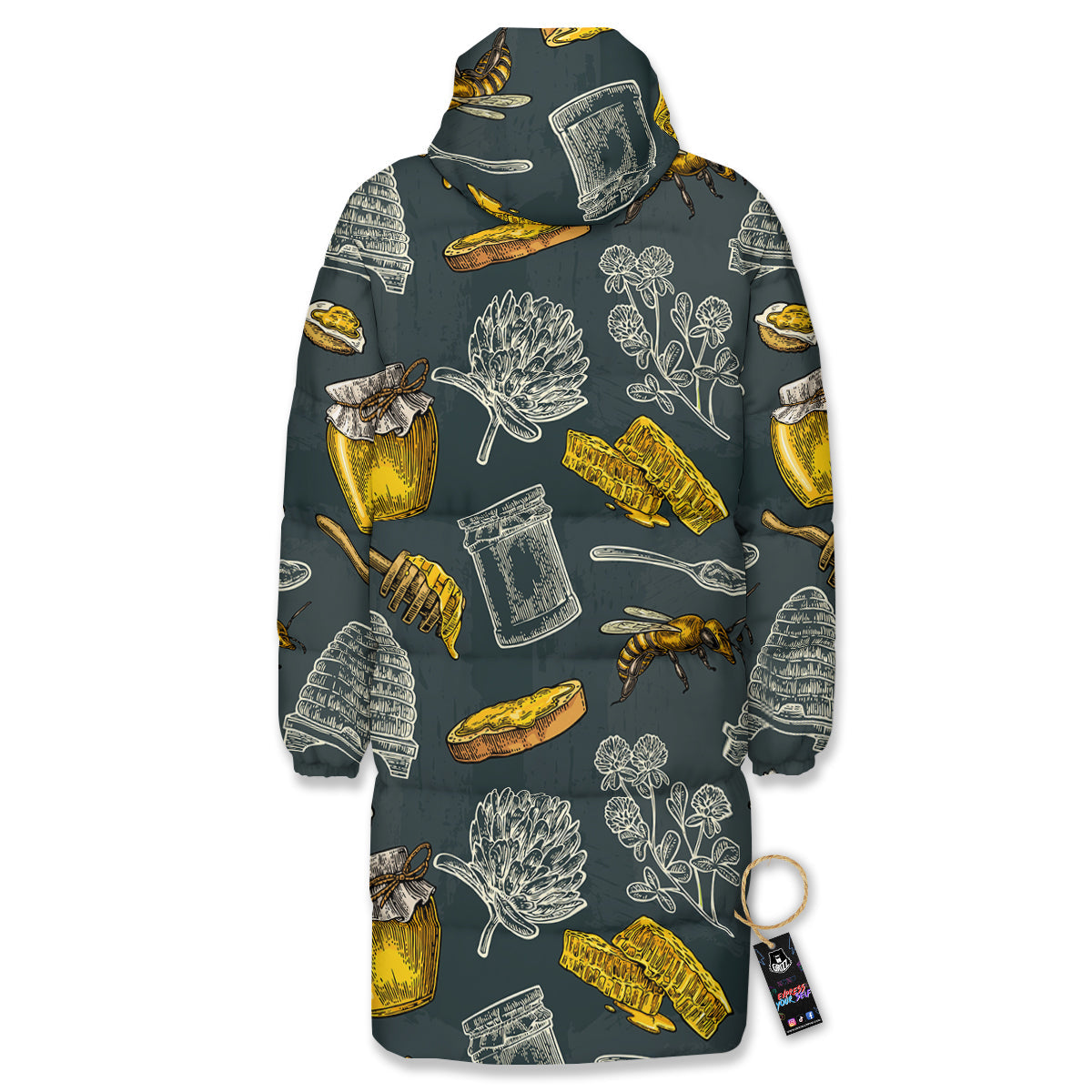Bee Honey Vintage Print Pattern Long Down Jacket-grizzshop