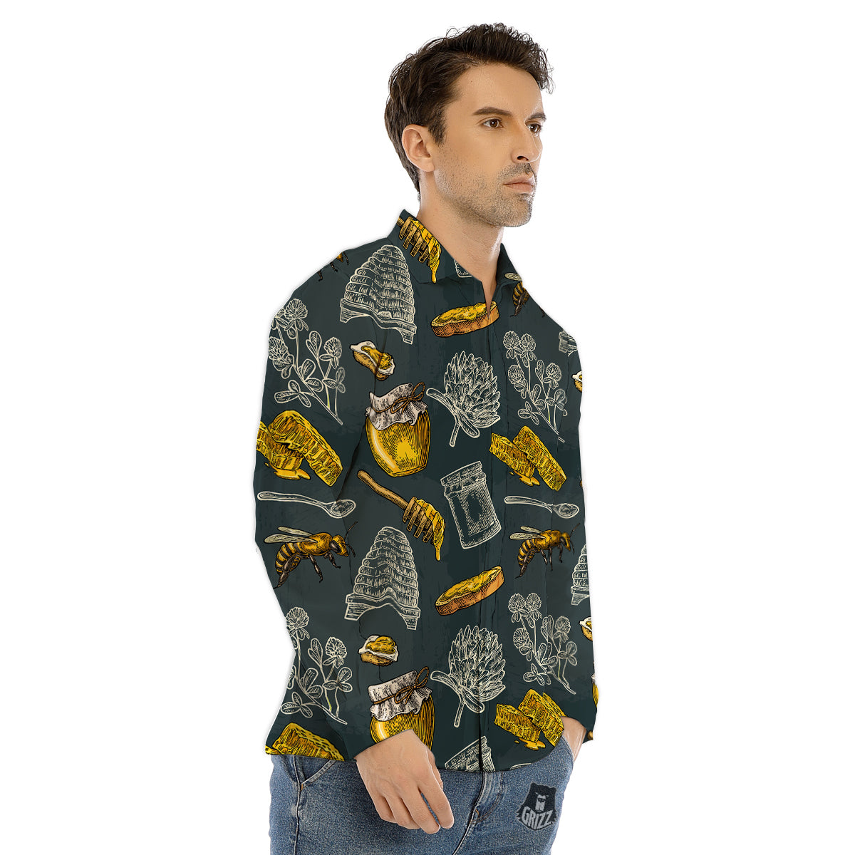 Bee Honey Vintage Print Pattern Men's Dress Shirts-grizzshop