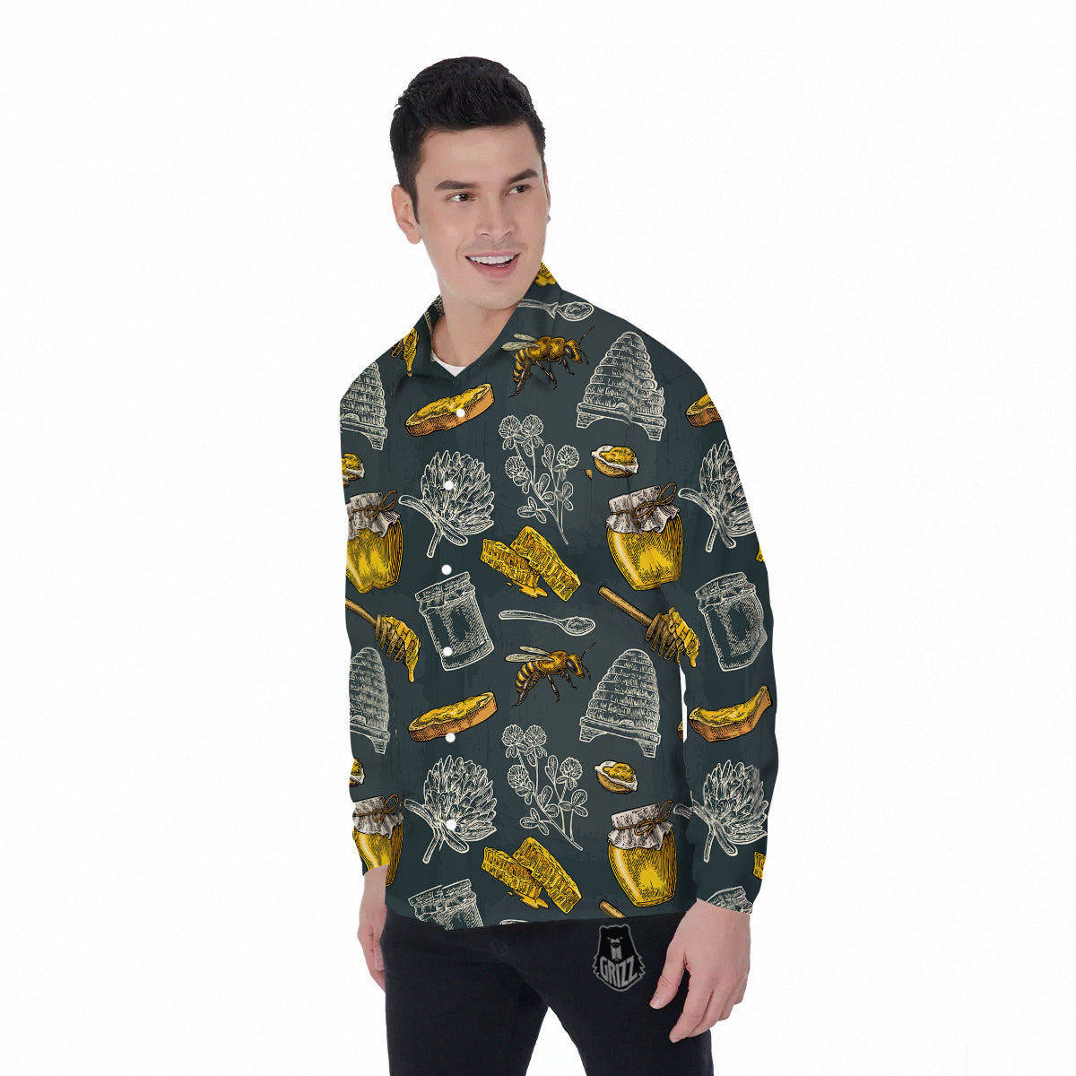 Bee Honey Vintage Print Pattern Men's Long Sleeve Shirts-grizzshop