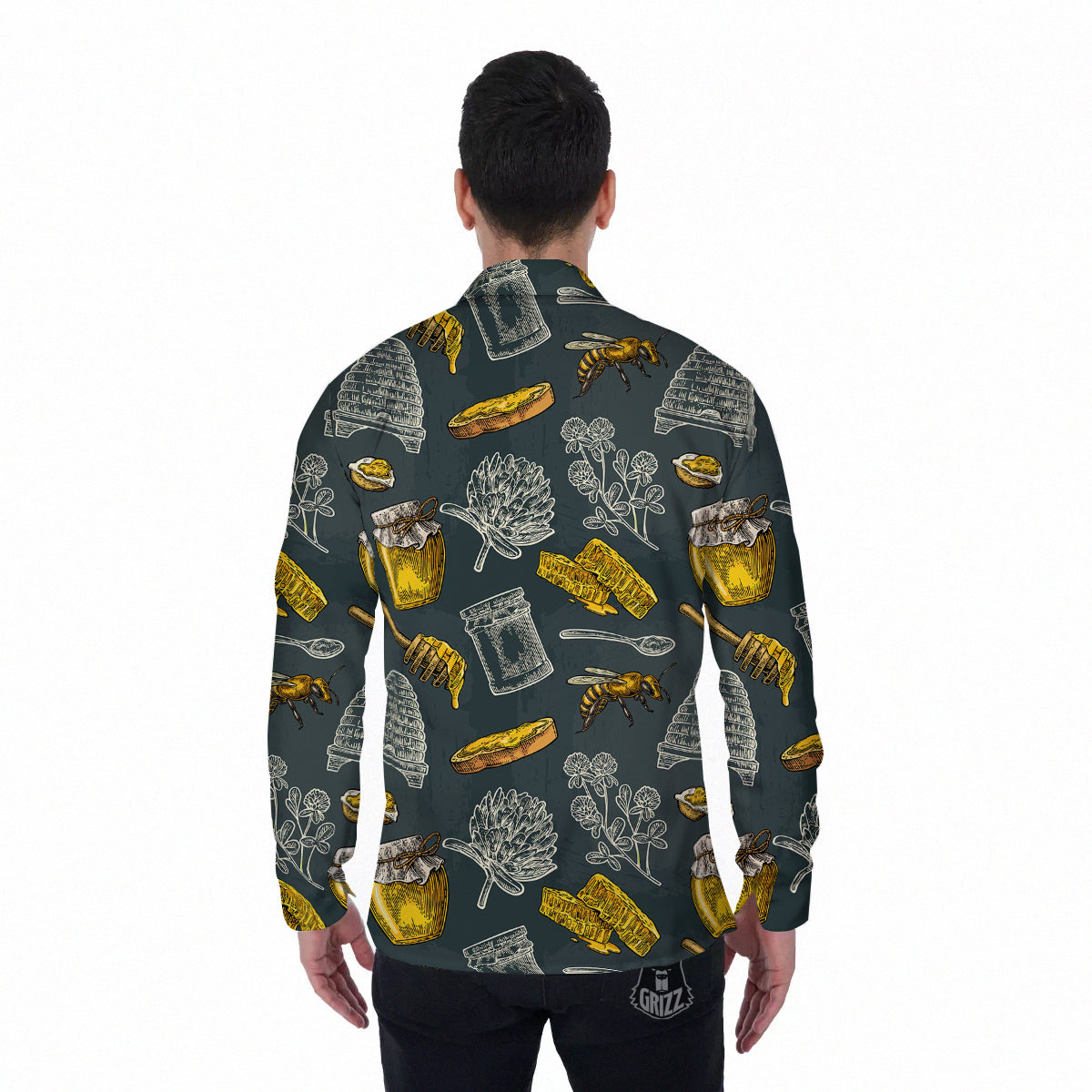Bee Honey Vintage Print Pattern Men's Long Sleeve Shirts-grizzshop