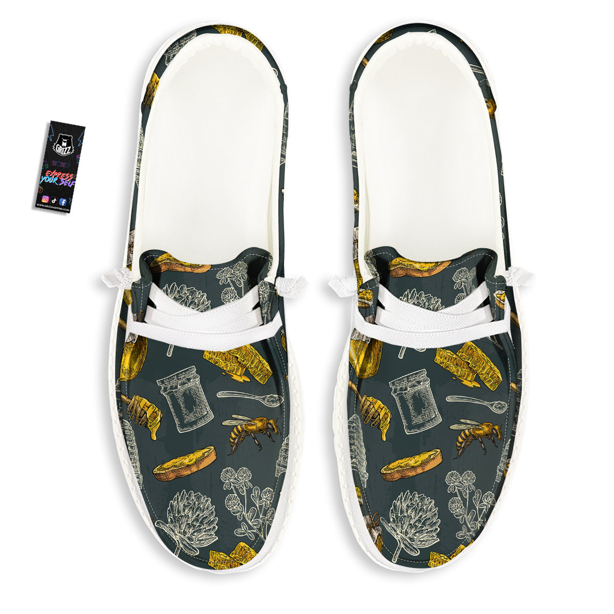 Bee Honey Vintage Print Pattern White Loafers-grizzshop