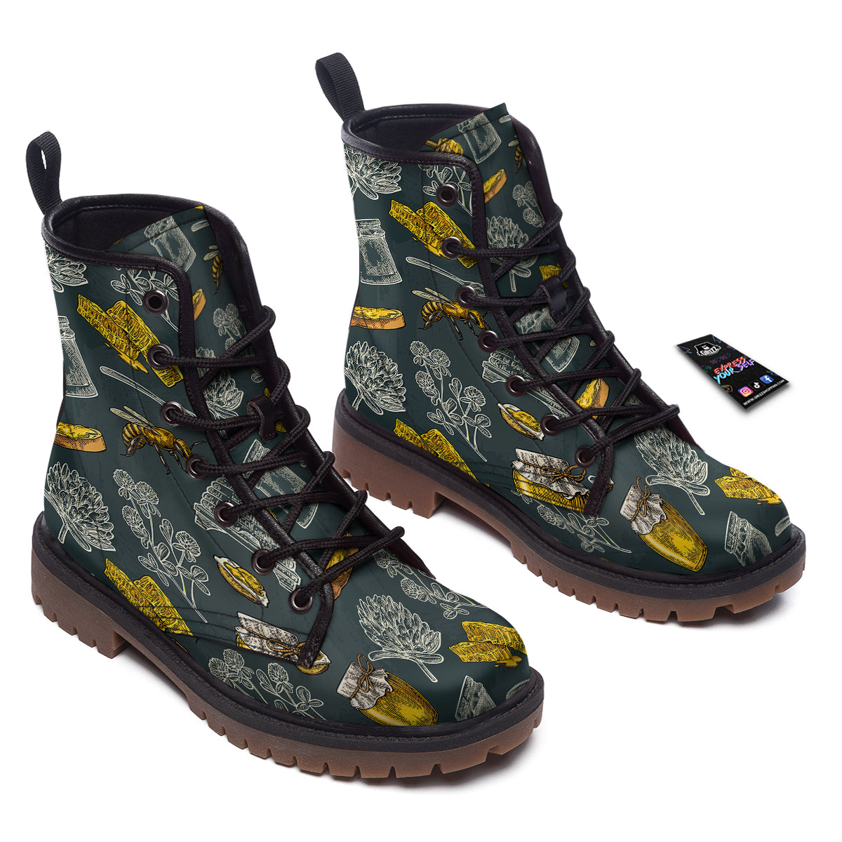 Bee Honey Vintage Print Pattern Work Boots-grizzshop