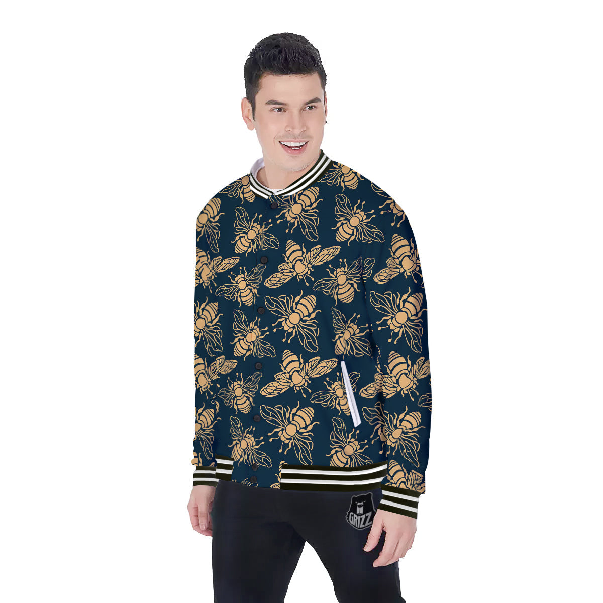 Bee Vintage Print Pattern Baseball Jacket-grizzshop