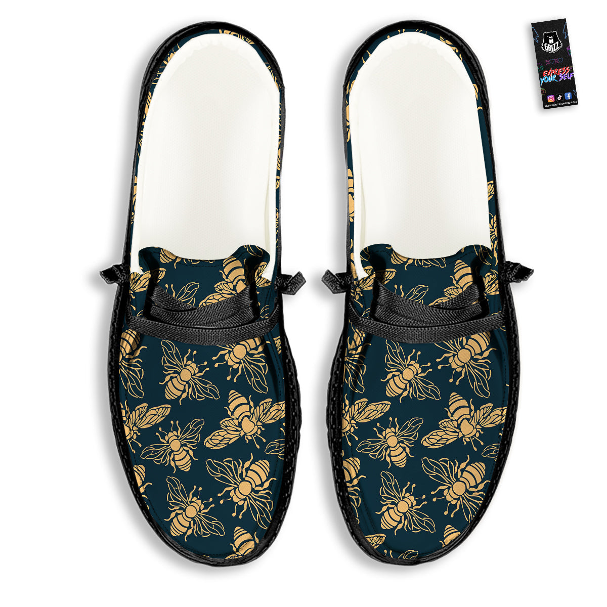 Bee Vintage Print Pattern Black Loafers-grizzshop