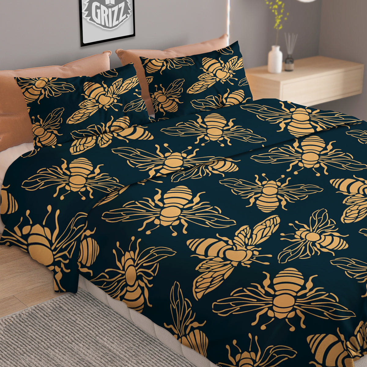 Bee Vintage Print Pattern Duvet Cover Bedding Set