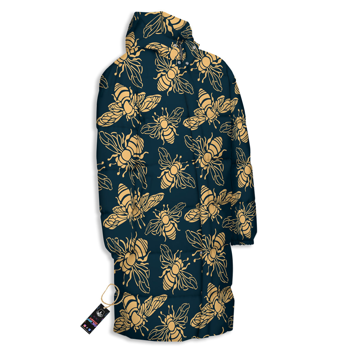 Bee Vintage Print Pattern Long Down Jacket-grizzshop