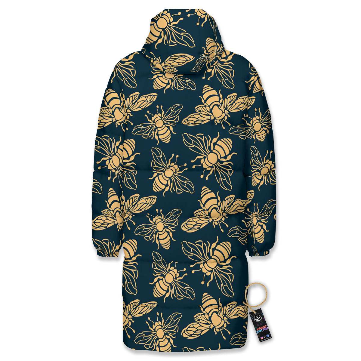 Bee Vintage Print Pattern Long Down Jacket-grizzshop