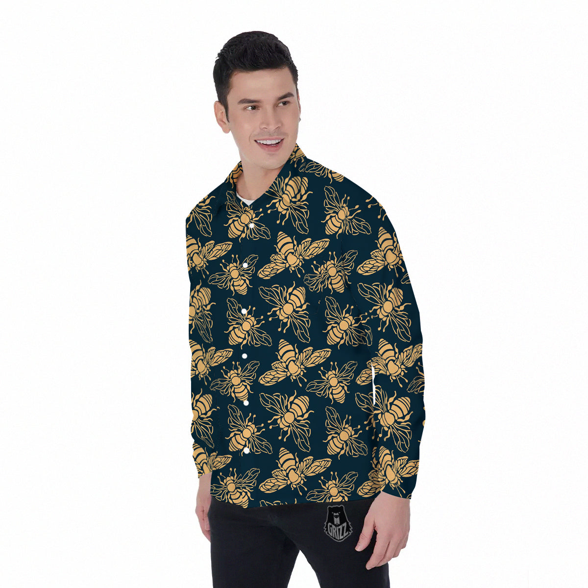 Bee Vintage Print Pattern Men's Long Sleeve Shirts-grizzshop