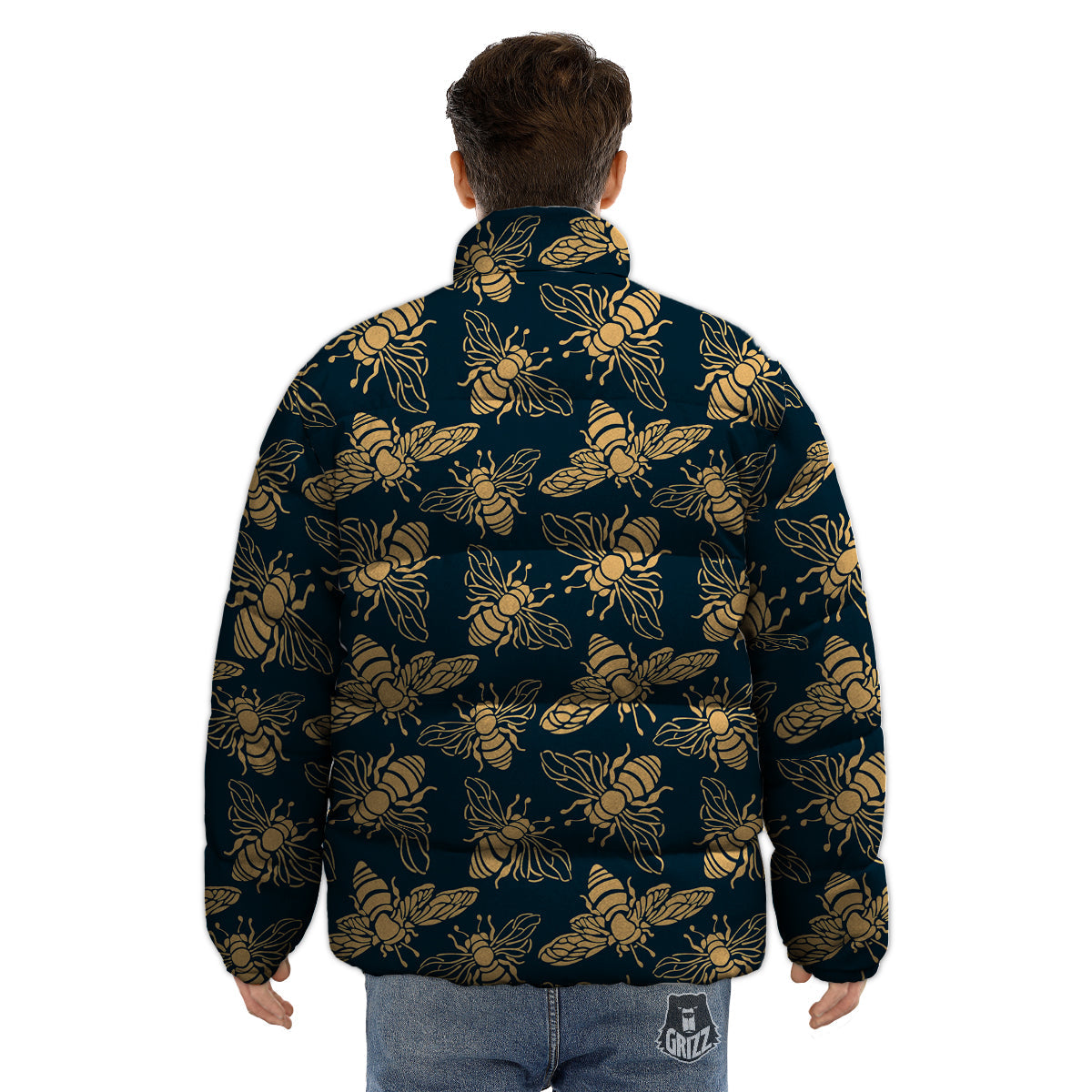 Bee Vintage Print Pattern Puffer Jacket-grizzshop