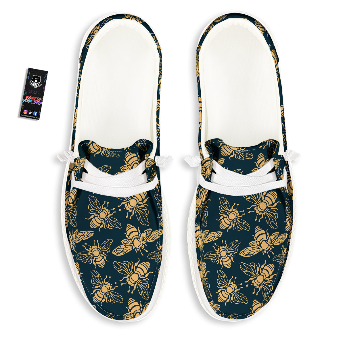 Bee Vintage Print Pattern White Loafers-grizzshop