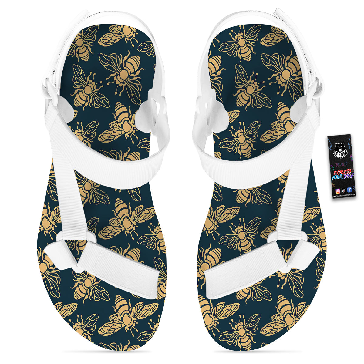 Bee Vintage Print Pattern White Open Toe Sandals-grizzshop