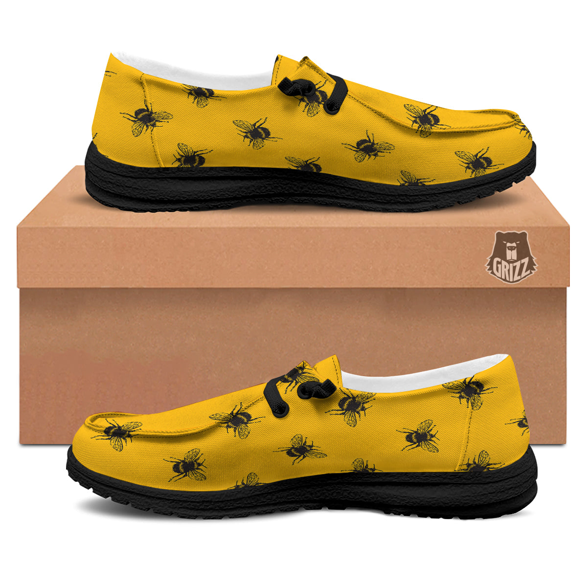 Bee Yellow Print Pattern Black Loafers-grizzshop