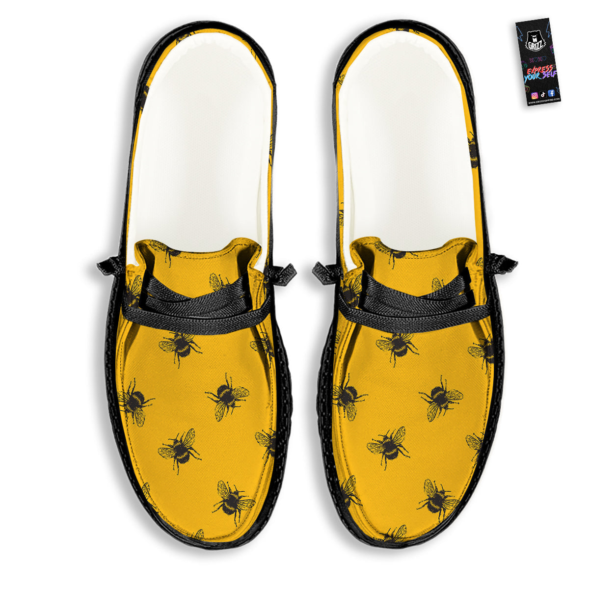 Bee Yellow Print Pattern Black Loafers-grizzshop