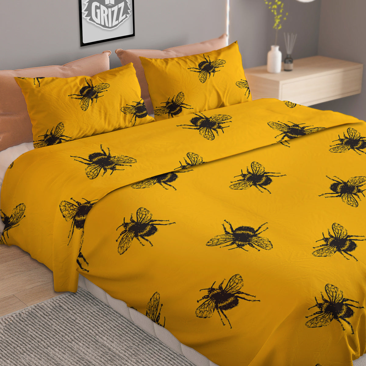 Bee Yellow Print Pattern Duvet Cover Bedding Set