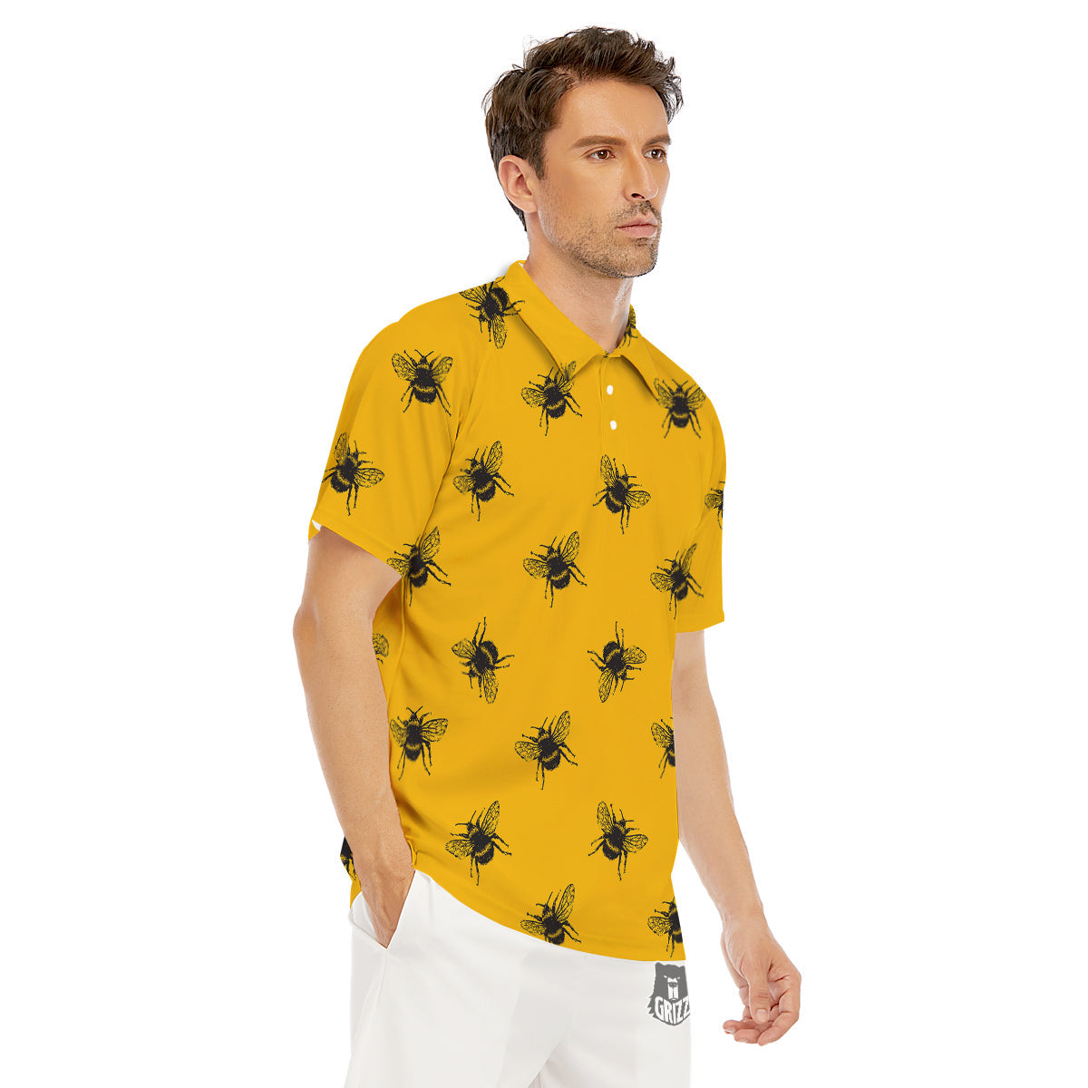Bee Yellow Print Pattern Men's Golf Shirts-grizzshop