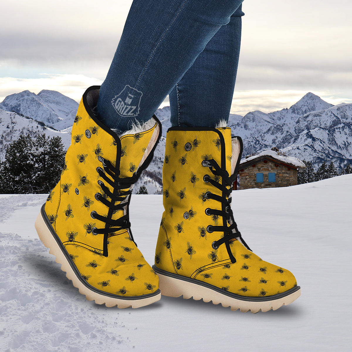 Bee Yellow Print Pattern Snow Boots-grizzshop