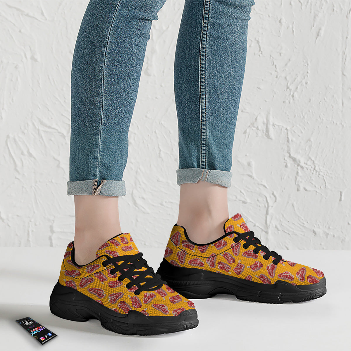 Beef Meat Steak Print Pattern Black Chunky Shoes-grizzshop