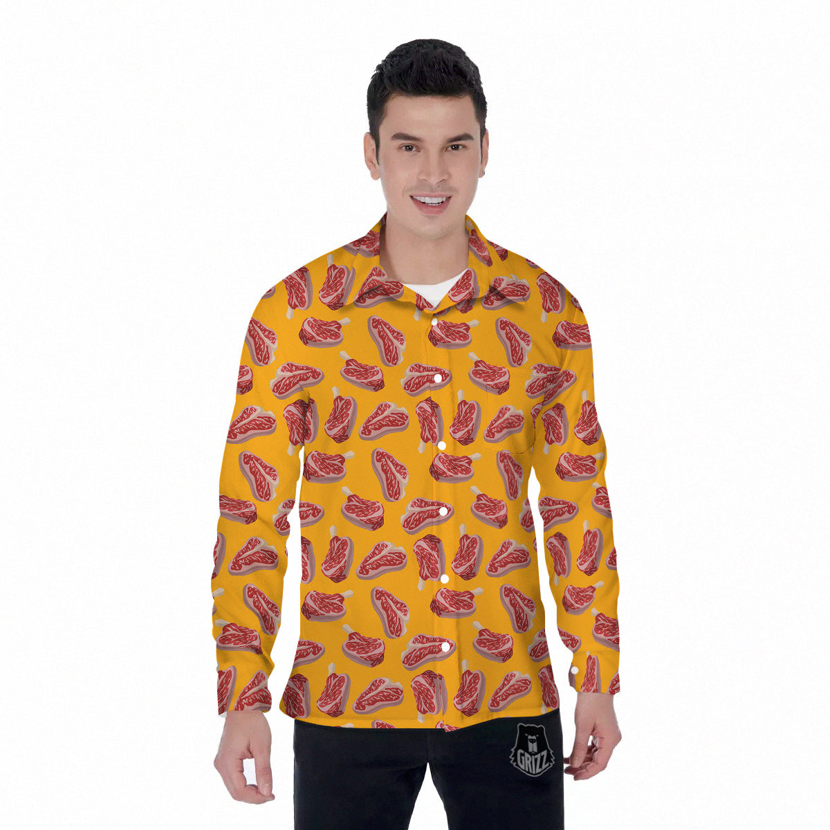 Beef Meat Steak Print Pattern Men's Long Sleeve Shirts-grizzshop