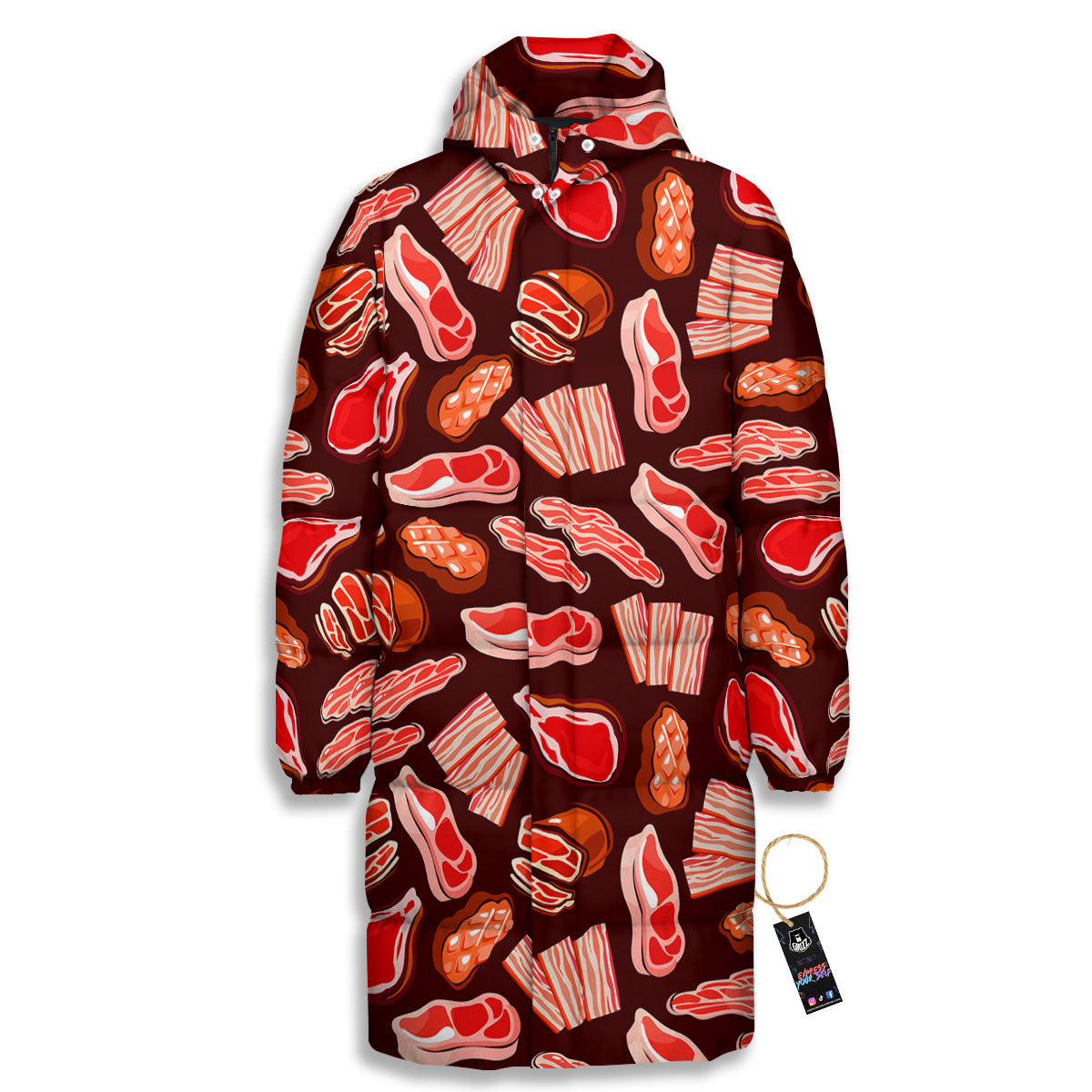 Beef Steaks Print Pattern Long Down Jacket-grizzshop