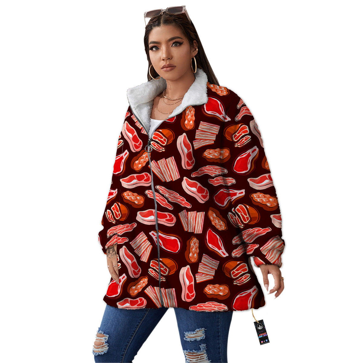 Beef Steaks Print Pattern Women's Sherpa Jacket-grizzshop