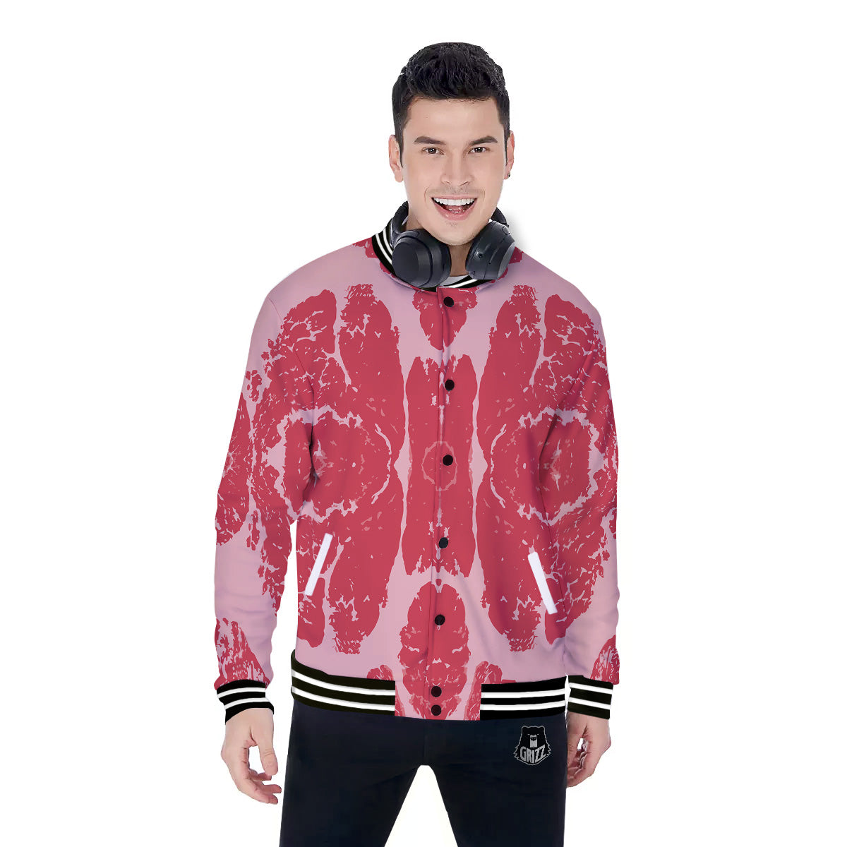 Beef Texture Print Pattern Baseball Jacket-grizzshop