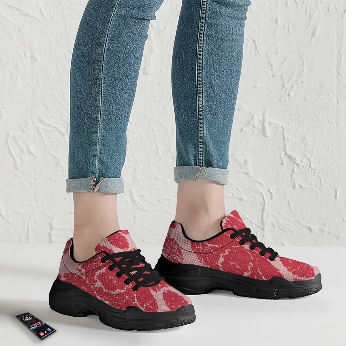 Beef Texture Print Pattern Black Chunky Shoes-grizzshop
