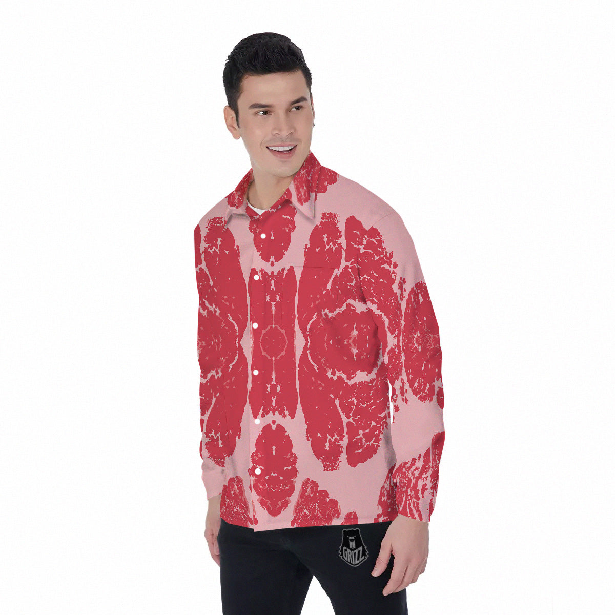 Beef Texture Print Pattern Men's Long Sleeve Shirts-grizzshop