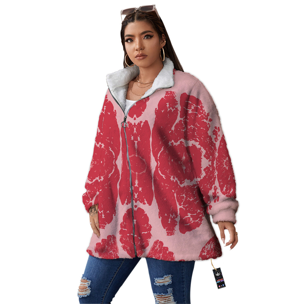 Beef Texture Print Pattern Women's Sherpa Jacket-grizzshop