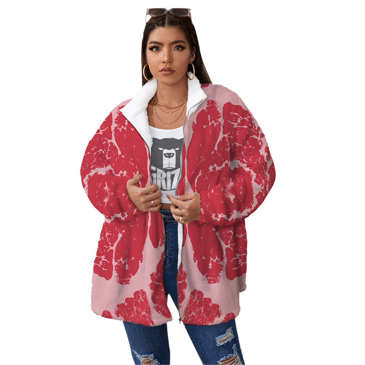 Beef Texture Print Pattern Women's Sherpa Jacket-grizzshop