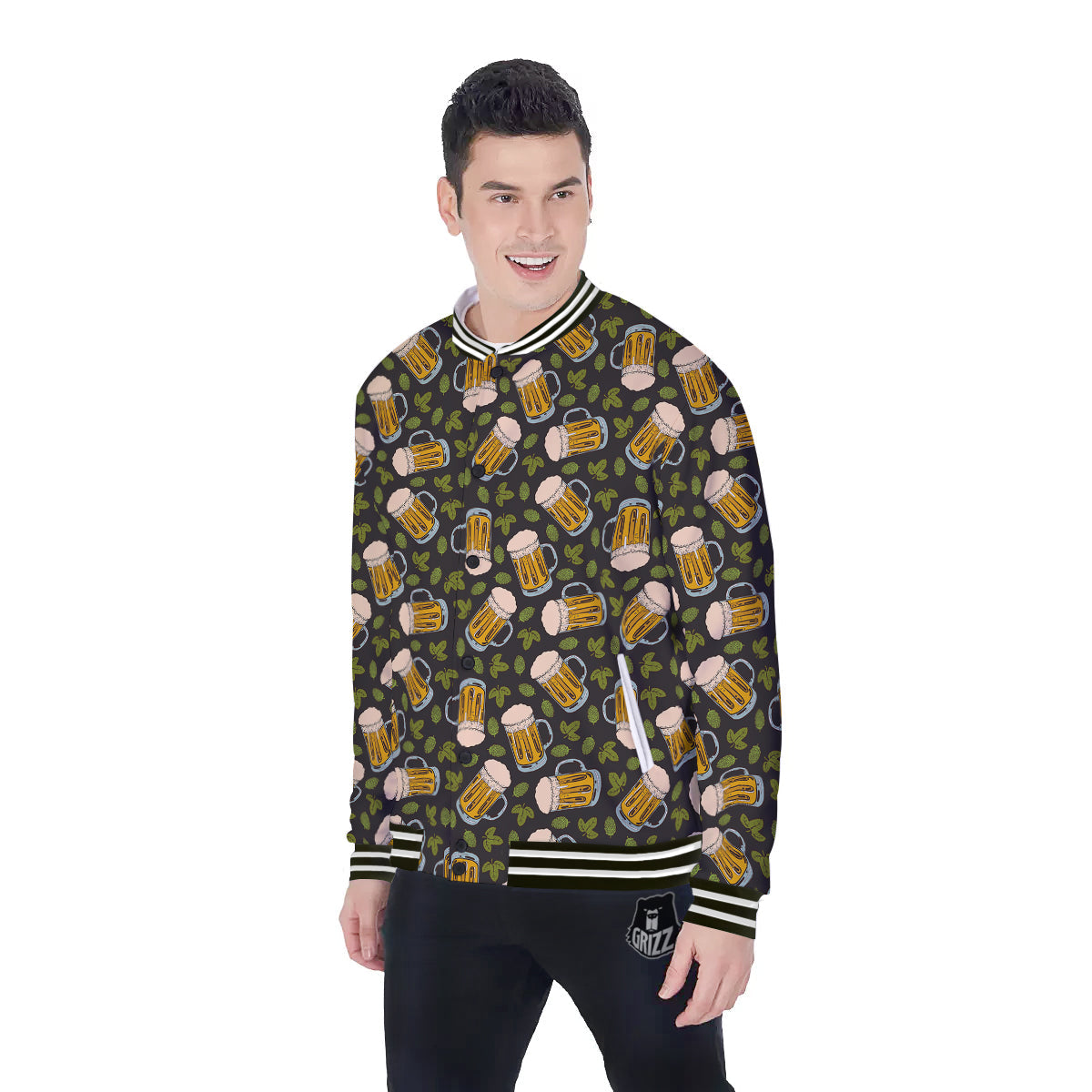 Beer And Hop Cone Leaf Print Pattern Baseball Jacket-grizzshop