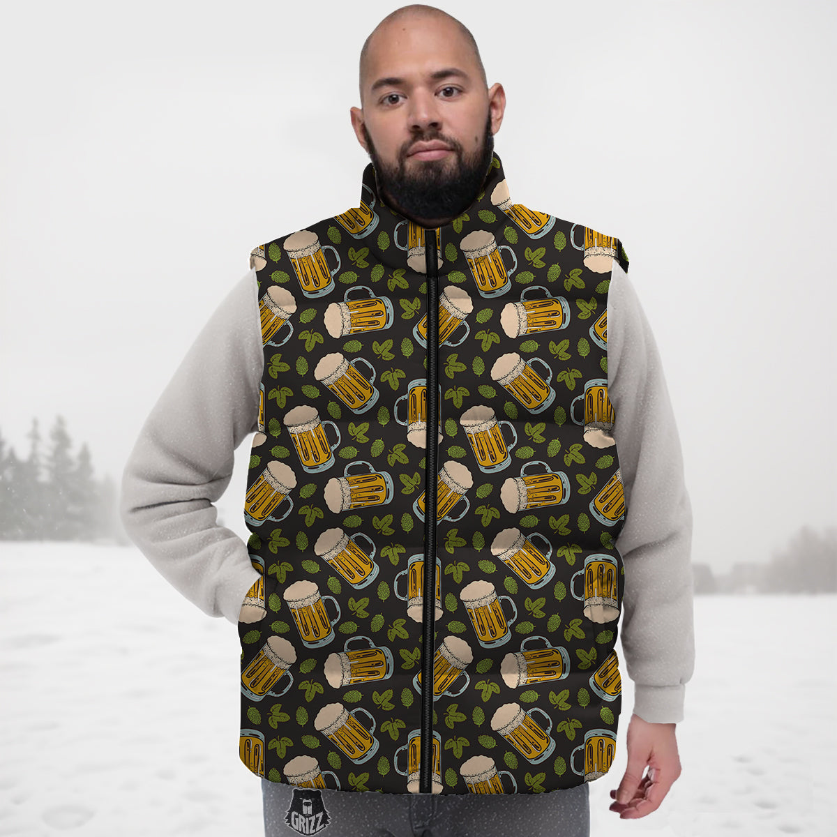Beer And Hop Cone Leaf Print Pattern Down Vest