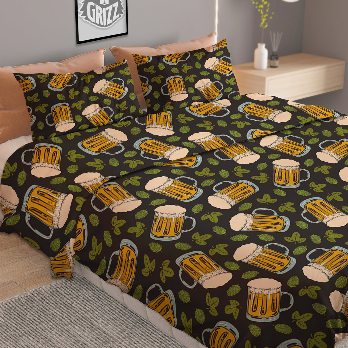 Beer And Hop Cone Leaf Print Pattern Duvet Cover Bedding Set
