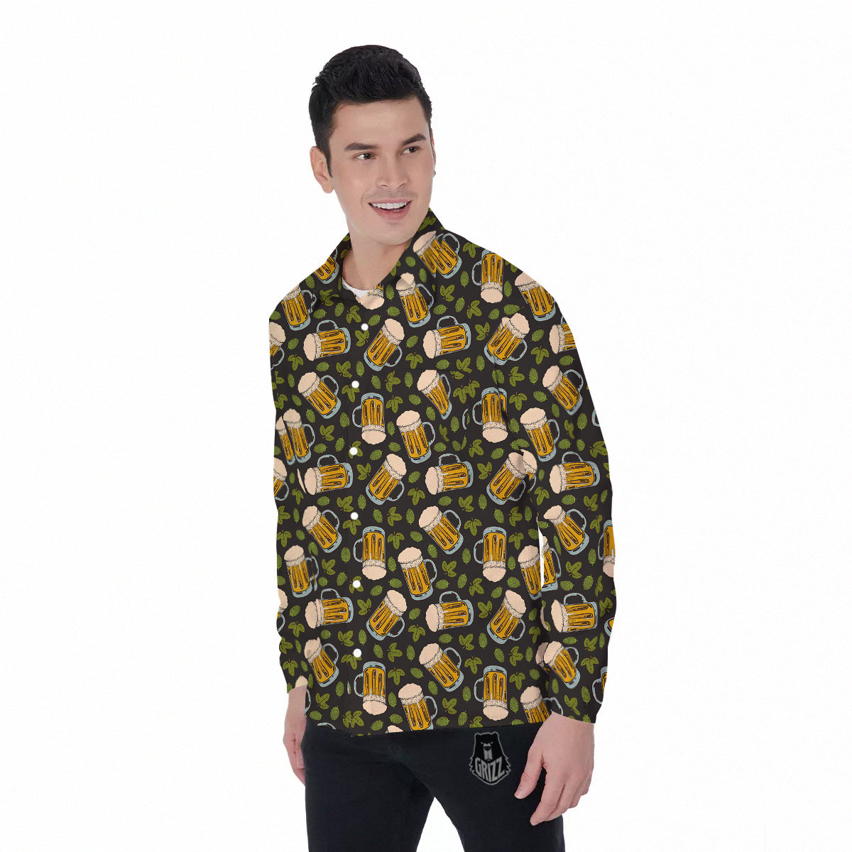 Beer And Hop Cone Leaf Print Pattern Men's Long Sleeve Shirts-grizzshop