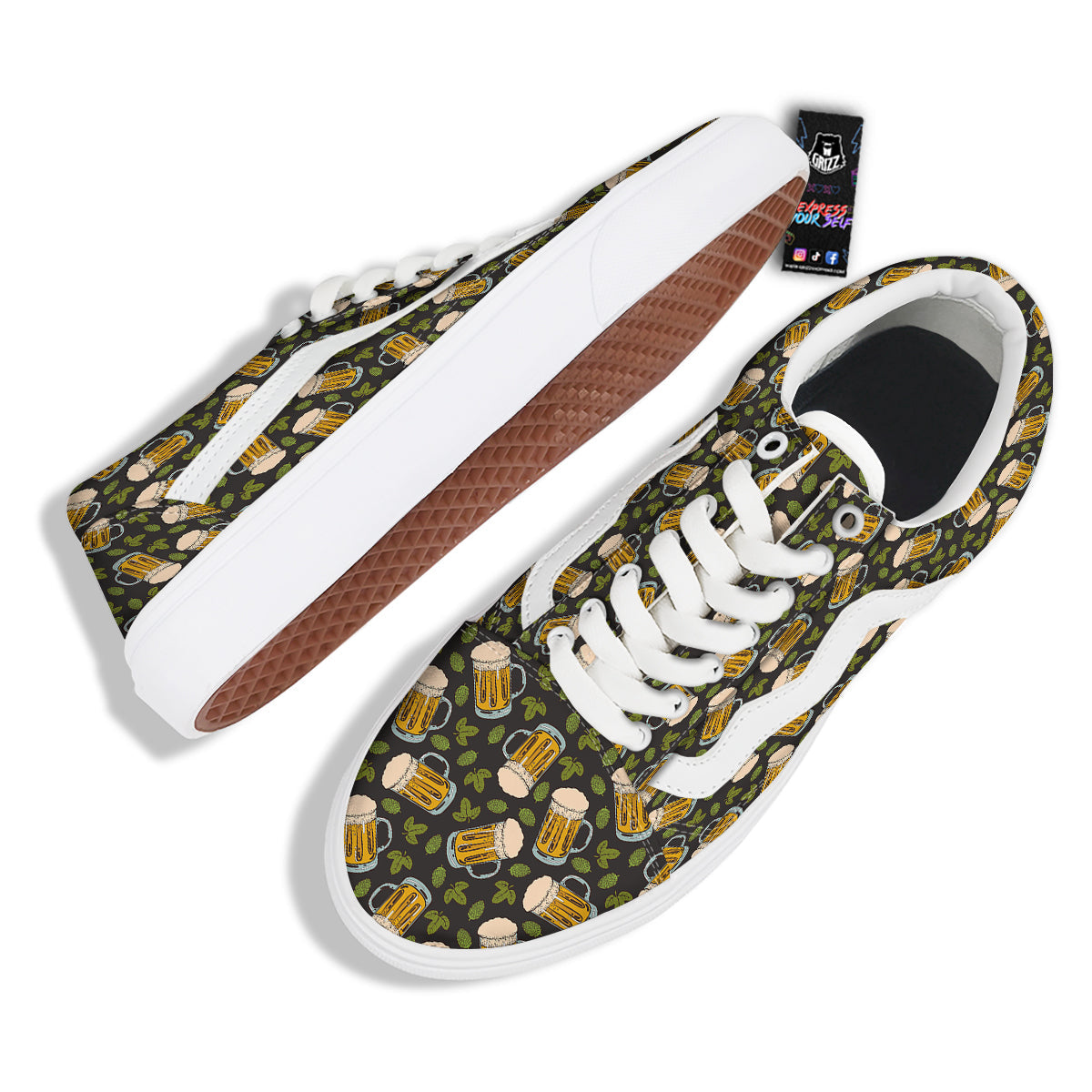 Beer And Hop Cone Leaf Print Pattern Skate Shoes-grizzshop