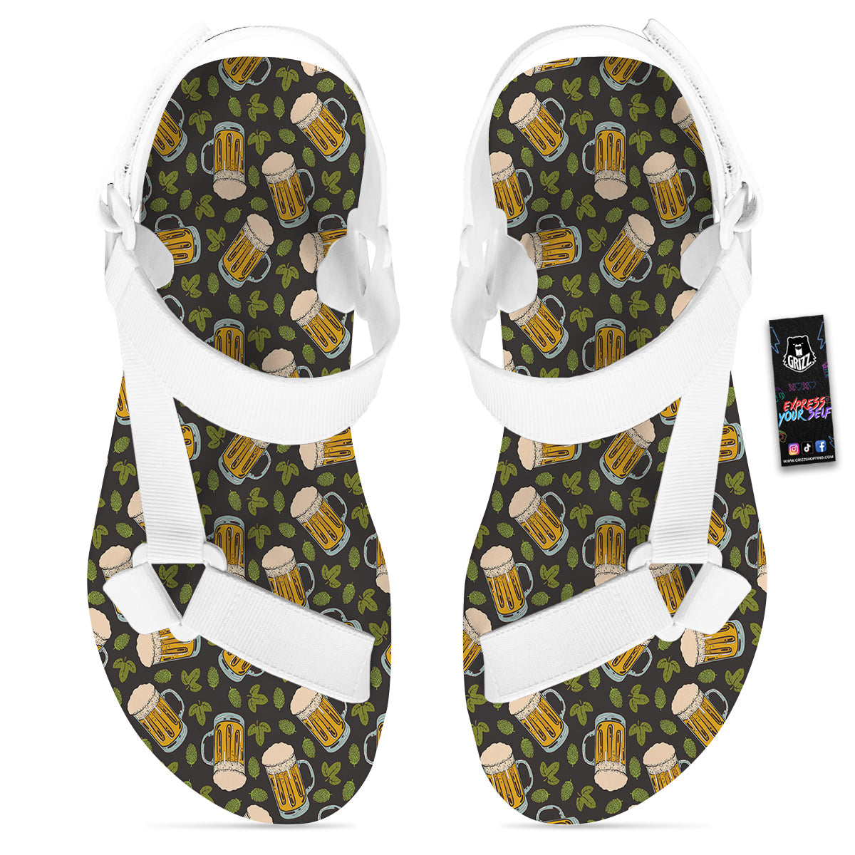 Beer And Hop Cone Leaf Print Pattern White Open Toe Sandals-grizzshop