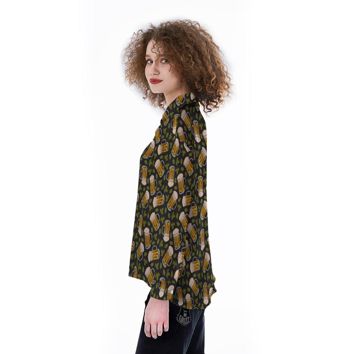 Beer And Hop Cone Leaf Print Pattern Women's Long Sleeve Shirts-grizzshop