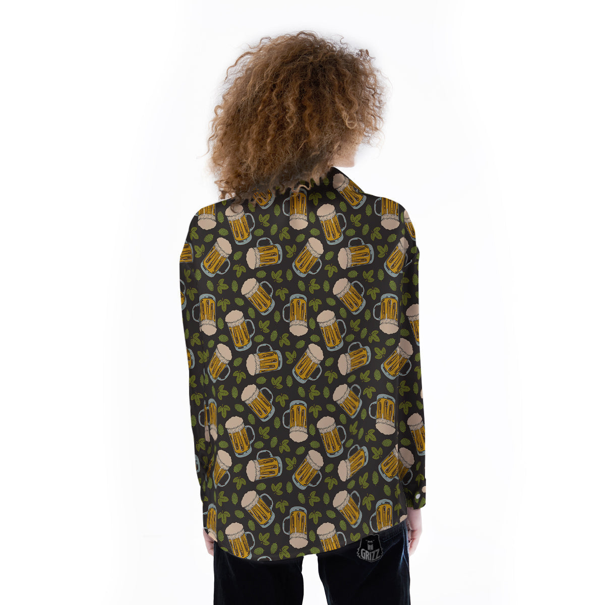 Beer And Hop Cone Leaf Print Pattern Women's Long Sleeve Shirts-grizzshop