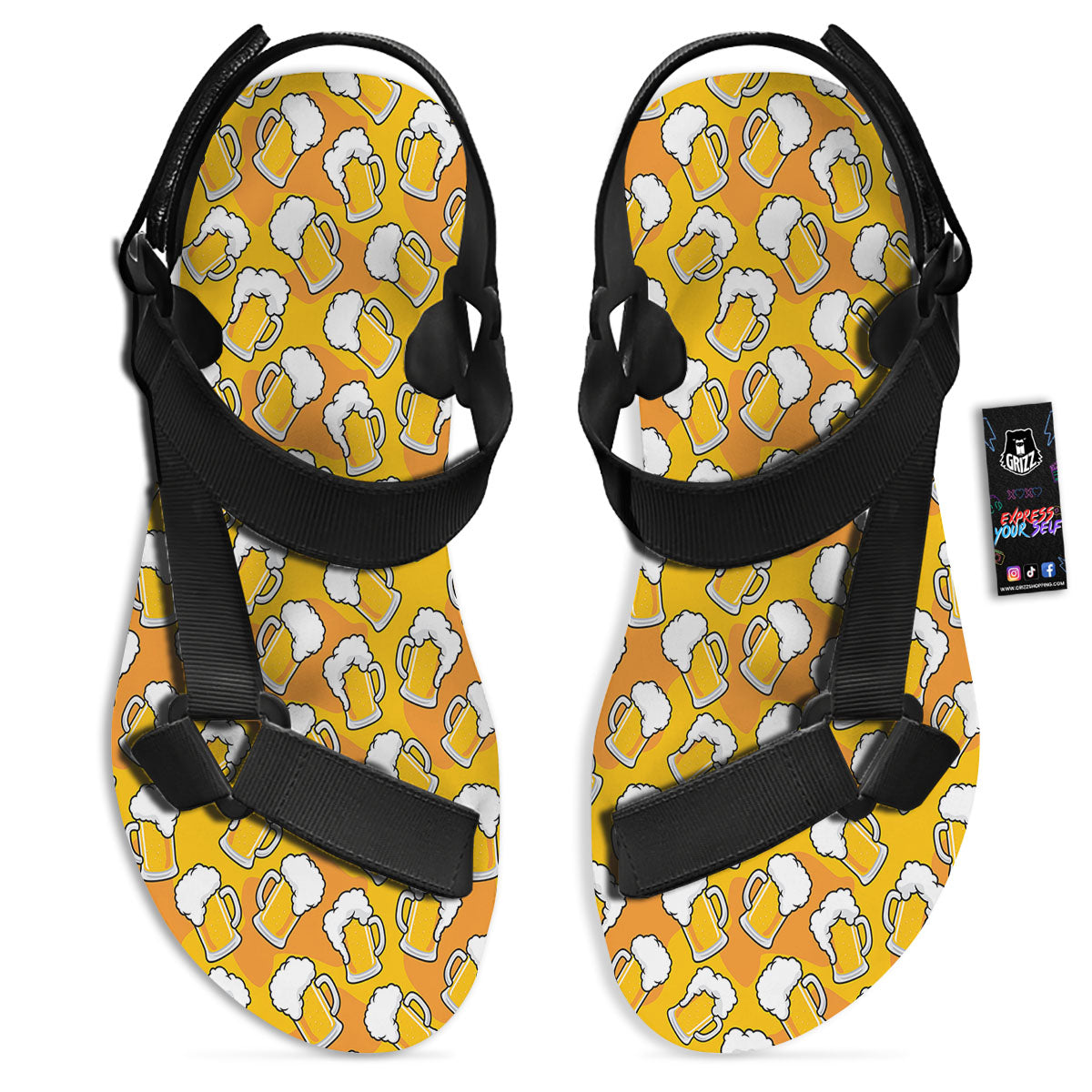Beer Mug Pattern Print Black Open Toe Sandals-grizzshop